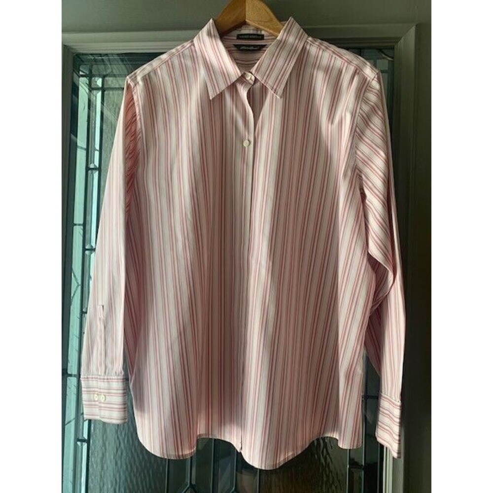 Eddie Bauer-Women White Pink Yellow Blue Stripe Button Top-XXL cottage core silk